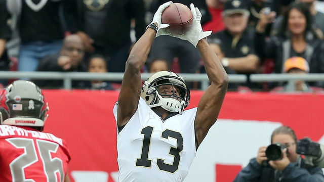 TAMPA, FL - NOV 17: Michael Thomas (13) of the Saints goes up high to make the catch during the regular season game between the New Orleans Saints and the Tampa Bay Buccaneers on November 17, 2019 at Raymond James Stadium in Tampa, Florida.