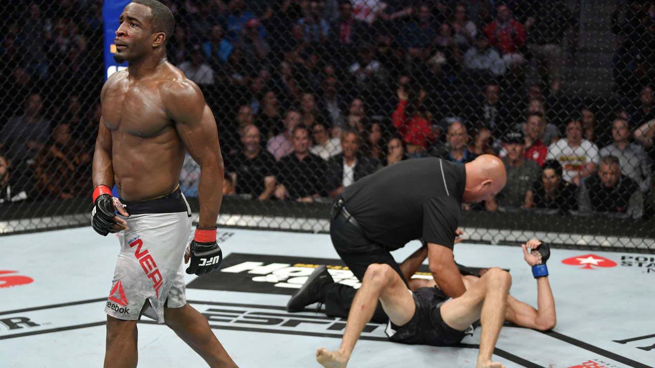 EDMONTON, ALBERTA - JULY 27: Geoff Neal celebrates after defeating Niko Price in their welterweight bout during the UFC 240 event at Rogers Place on July 27, 2019 in Edmonton, Alberta, Canada.