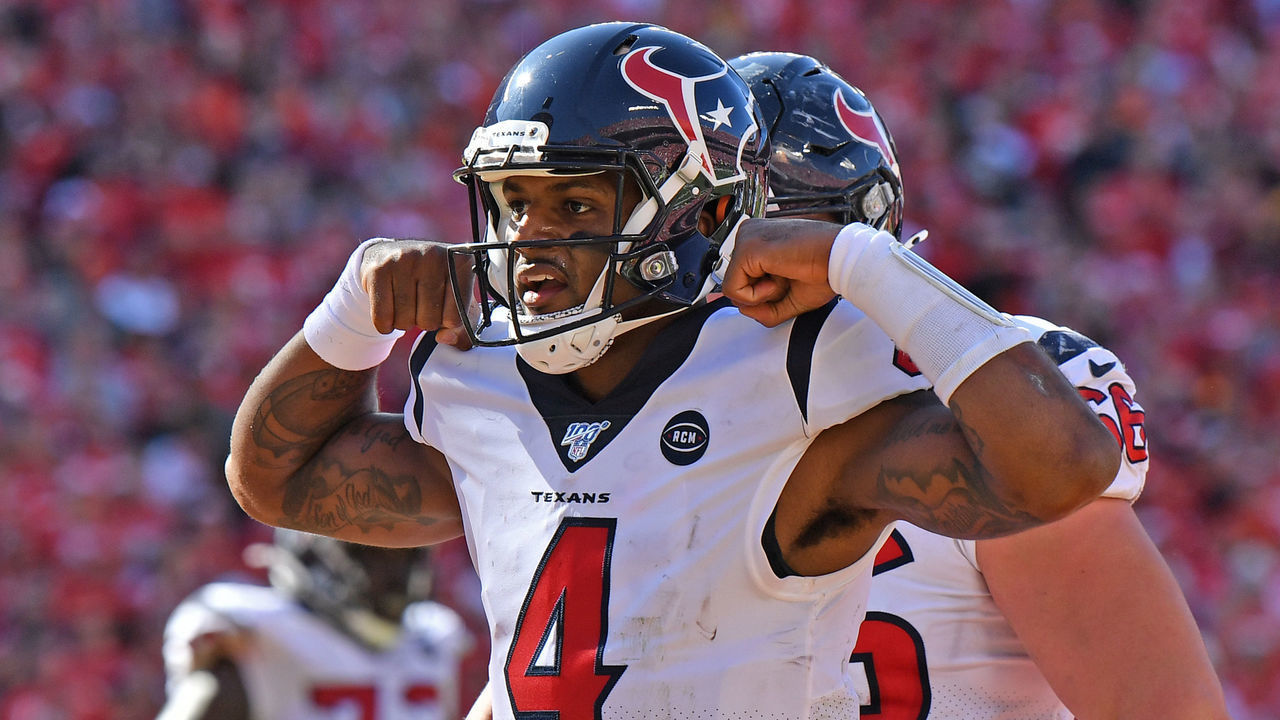 KANSAS CITY, MO - OCTOBER 13: Quarterback Deshaun Watson #4 of the Houston Texans reacts after scoring a touchdown against the Kansas City Chiefs during the second half at Arrowhead Stadium on October 13, 2019 in Kansas City, Missouri.