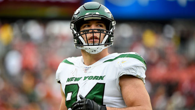 LANDOVER, MD - NOVEMBER 17: Ryan Griffin #84 of the New York Jets looks on during the second half against the Washington Redskins at FedExField on November 17, 2019 in Landover, Maryland.