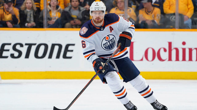 NASHVILLE, TN - FEBRUARY 25: Adam Larsson #6 of the Edmonton Oilers skates against the Nashville Predators at Bridgestone Arena on February 25, 2019 in Nashville, Tennessee.
