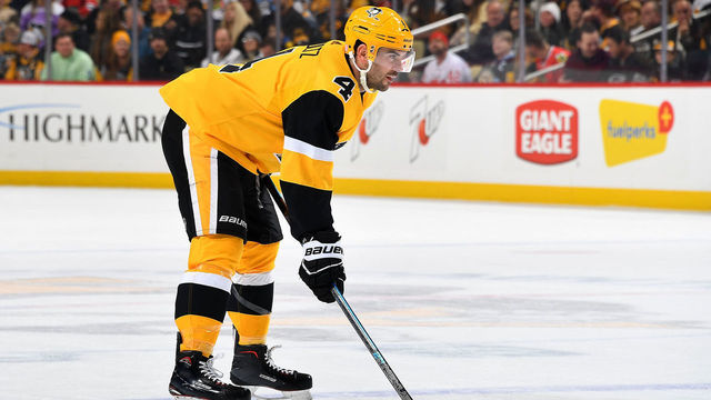 PITTSBURGH, PA - NOVEMBER 09: Justin Schultz #4 of the Pittsburgh Penguins skates against the Chicago Blackhawks at PPG PAINTS Arena on November 9, 2019 in Pittsburgh, Pennsylvania.