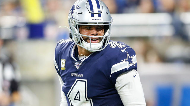 DETROIT, MI - NOVEMBER 17: Dallas Cowboys quarterback Dak Prescott (4) smiles after a scoring play during a regular season game between the Dallas Cowboys and the Detroit Lions on November 17, 2019 at Ford Field in Detroit, Michigan.
