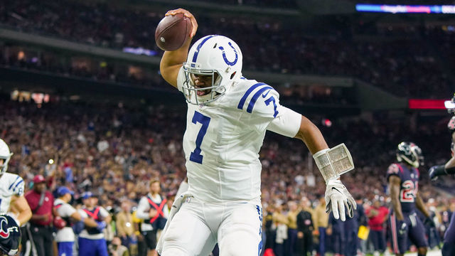 HOUSTON, TX - NOVEMBER 21: Indianapolis Colts quarterback Jacoby Brissett (7) celebrates a touchdown run during the game between the Indianapolis Colts and Houston Texas on November 21, 2019 at NRG Stadium in Houston, TX.