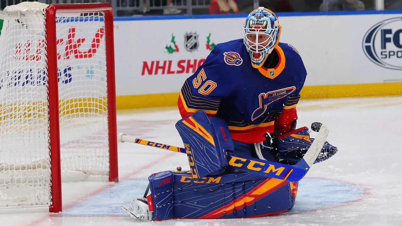 ST LOUIS, MO - NOVEMBER 21: Jordan Binnington #50 of the St. Louis Blues makes a save against the Calgary Flames at Enterprise Center on November 21, 2019 in St Louis, Missouri.