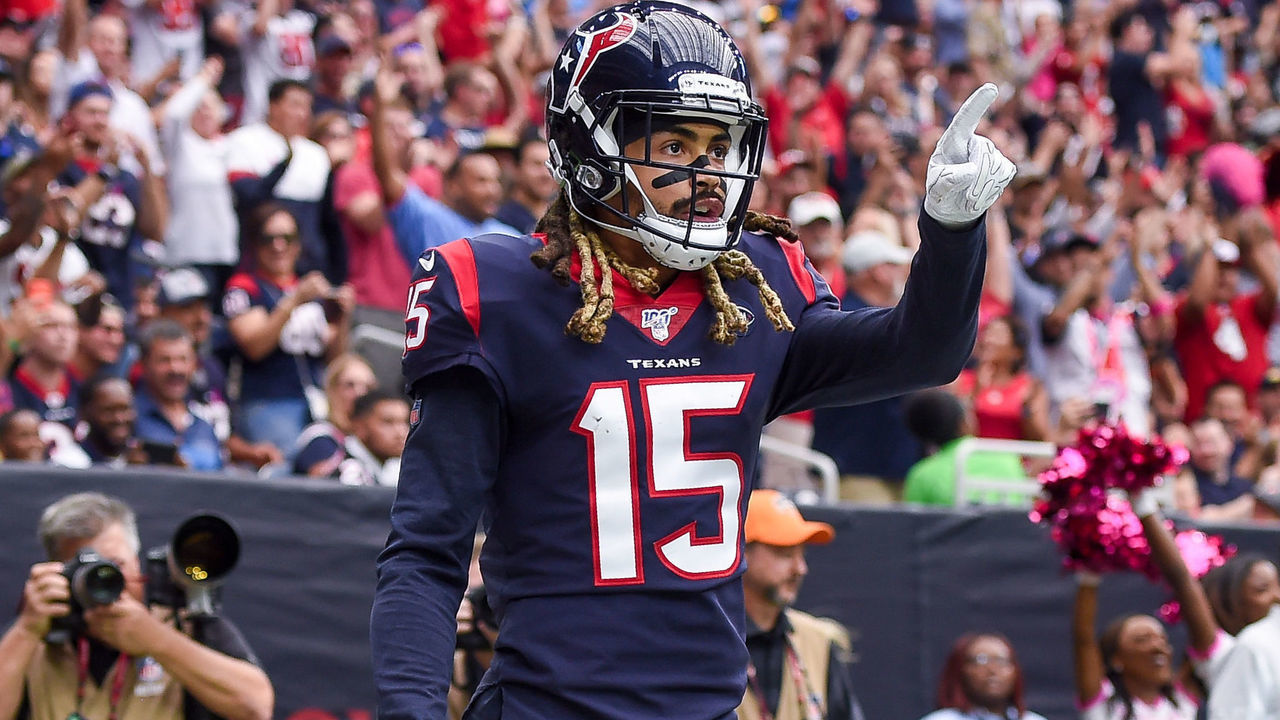 HOUSTON, TX - OCTOBER 06: Houston Texans wide receiver Will Fuller (15) looks over after a touchdown catch during the NFL game between the Atlanta Falcons and Houston Texans on October 6, 2019 at NRG Stadium in Houston, Texas.