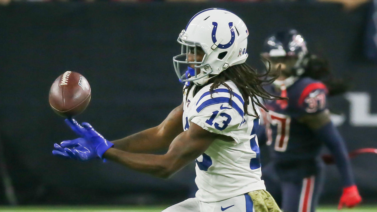 HOUSTON, TX - NOVEMBER 21: Houston Texans cornerback Vernon III Hargreaves (28) dives to prevent Indianapolis Colts wide receiver T.Y. Hilton (13) from completing a catch in the third quarter of the football game between the Indianapolis Colts and Houston Texans at NRG Stadium on November 21, 2019 in Houston, Texas.