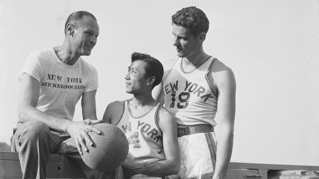 (Original Caption) October 22, 1947-Bear Mountain, New York: New York Knickerbockers Joe Lapchich (Left), Wat Misaka (Center), and Lee Knorek (Right).
