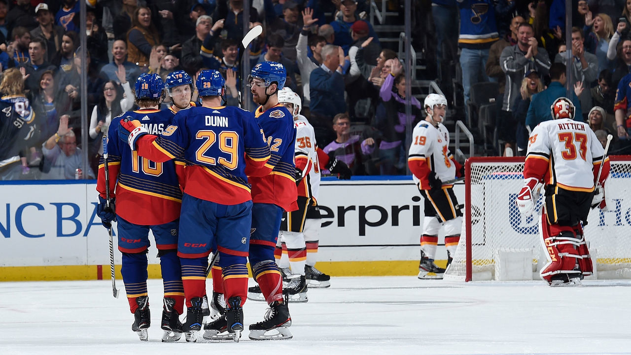 ST. LOUIS, MO - NOVEMBER 21: Vince Dunn #29 of the St. Louis Blues is congratulated by teammates after scoring a goal against the Calgary Flames at Enterprise Center on November 21, 2019 in St. Louis, Missouri.