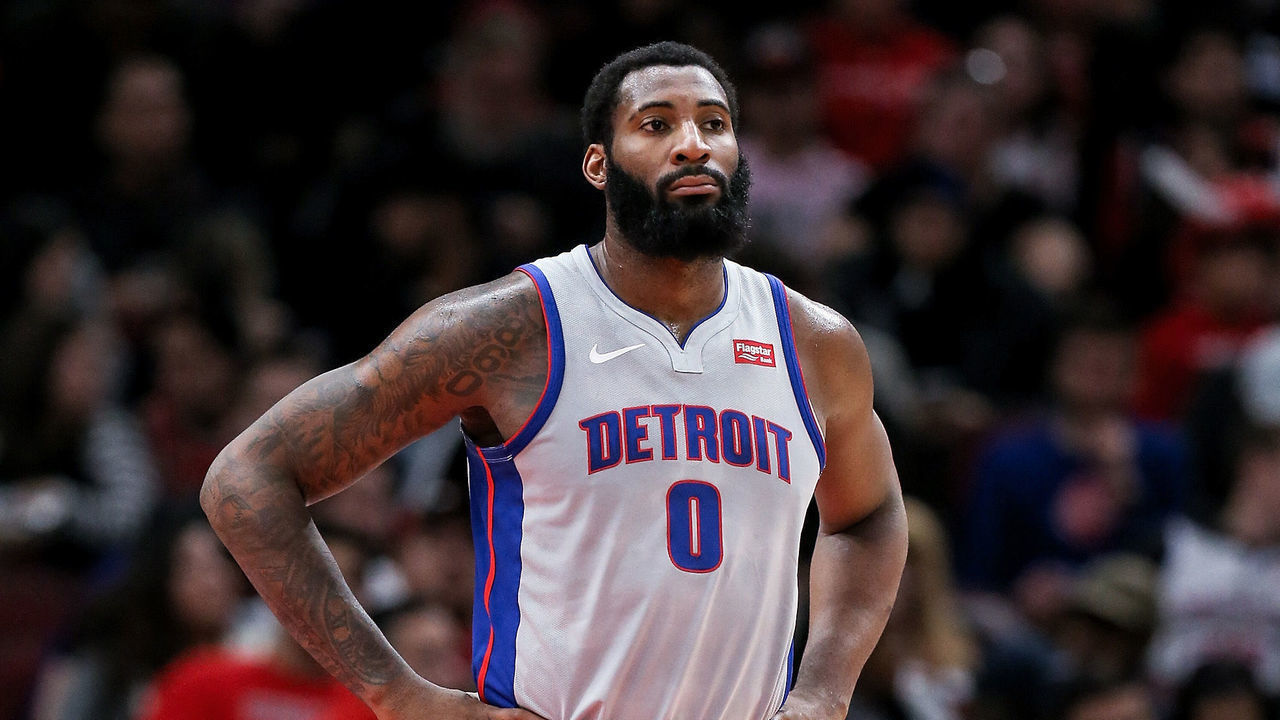 CHICAGO, ILLINOIS - NOVEMBER 20: Andre Drummond #0 of the Detroit Pistons looks on in the second quarter against the Chicago Bulls at the United Center on November 20, 2019 in Chicago, Illinois.