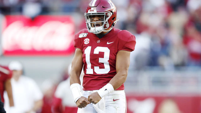 TUSCALOOSA, ALABAMA - NOVEMBER 09: Tua Tagovailoa #13 of the Alabama Crimson Tide celebrates throwing a touchdown pass during the second quarter against the LSU Tigers in the game at Bryant-Denny Stadium on November 09, 2019 in Tuscaloosa, Alabama.