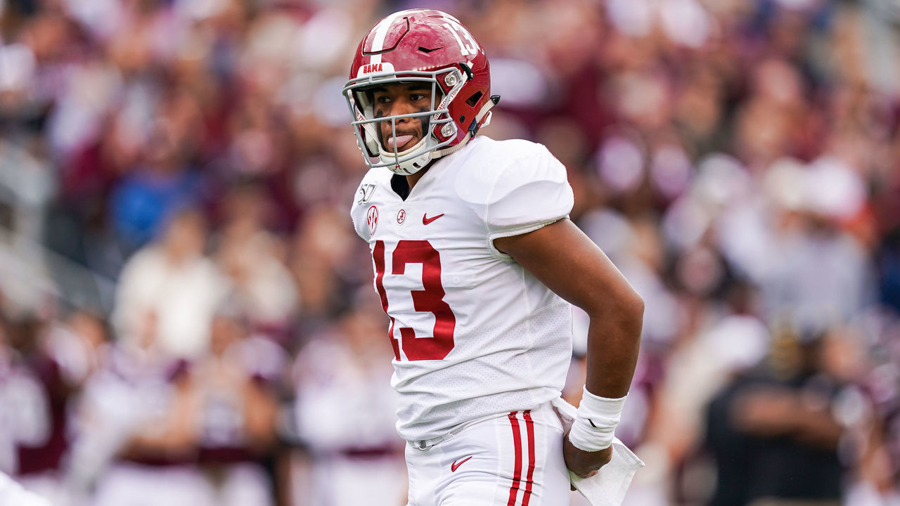 COLLEGE STATION, TX - OCTOBER 12: Alabama Crimson Tide quarterback Tua Tagovailoa (13) gets ready for a play during the college football game between the Alabama Crimson Tide and Texas A&M Aggies on October 12, 2019 at Kyle Field in College Station, Texas.