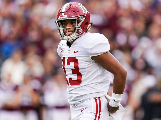 COLLEGE STATION, TX - OCTOBER 12: Alabama Crimson Tide quarterback Tua Tagovailoa (13) gets ready for a play during the college football game between the Alabama Crimson Tide and Texas A&M Aggies on October 12, 2019 at Kyle Field in College Station, Texas.