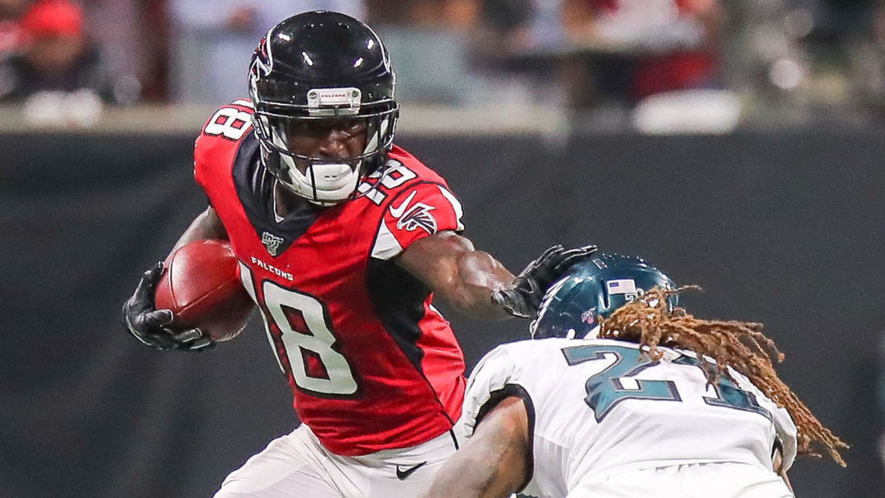 ATLANTA, GA - SEPTEMBER 15: Atlanta Falcons wide receiver Calvin Ridley (18) stiff arms Philadelphia Eagles cornerback Ronald Darby (21) during the NFL game between the Philadelphia Eagles and the Atlanta Falcons on September 15, 2019 at the Mercedes-Benz Stadium in Atlanta, GA.