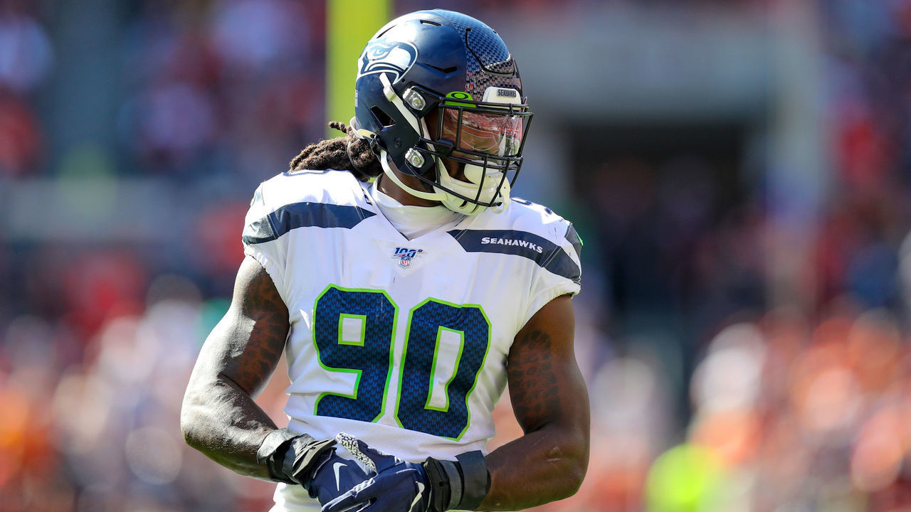 CLEVELAND, OH - OCTOBER 13: Seattle Seahawks defensive end Jadeveon Clowney (90) on the field during the first quarter of the National Football League game between the Seattle Seahawks and Cleveland Browns on October 13, 2019, at FirstEnergy Stadium in Cleveland, OH.