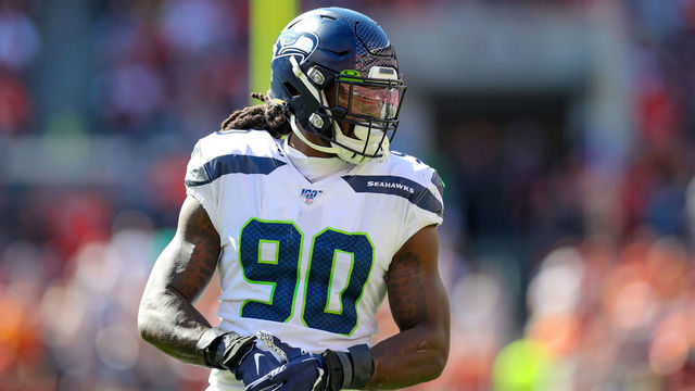 CLEVELAND, OH - OCTOBER 13: Seattle Seahawks defensive end Jadeveon Clowney (90) on the field during the first quarter of the National Football League game between the Seattle Seahawks and Cleveland Browns on October 13, 2019, at FirstEnergy Stadium in Cleveland, OH.