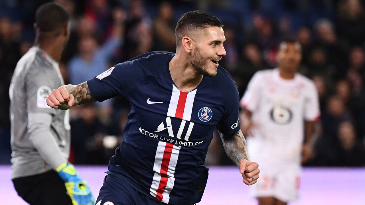 Paris Saint-Germain's Argentine forward Mauro Icardi celebrates after scoring a goal during the French L1 football match between Paris Saint-Germain (PSG) and Lille (LOSC) on November 22, 2019 at the Parc des Princes in Paris.
