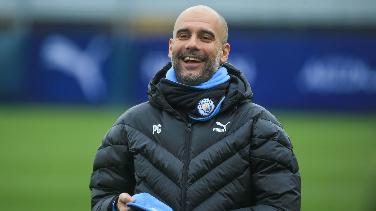 MANCHESTER, ENGLAND - NOVEMBER 22: Manchester City's Pep Guardiola in action during training at Manchester City Football Academy on November 22, 2019 in Manchester, England.
