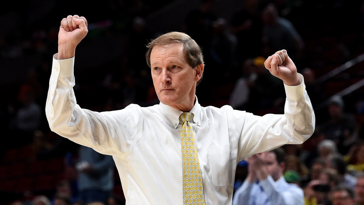 PORTLAND, OREGON - NOVEMBER 12: Head coach Dana Altman of the Oregon Ducks reacts to a play during the first half of the game against the Memphis Grizzlies at Moda Center on November 12, 2019 in Portland, Oregon.