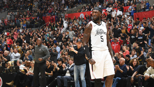 LOS ANGELES, CA - NOVEMBER 22: Montrezl Harrell #5 of the LA Clippers reacts during a game against the Houston Rockets on November 22, 2019 at STAPLES Center in Los Angeles, California. NOTE TO USER: User expressly acknowledges and agrees that, by downloading and/or using this Photograph, user is consenting to the terms and conditions of the Getty Images License Agreement. Mandatory Copyright Notice: Copyright 2019 NBAE