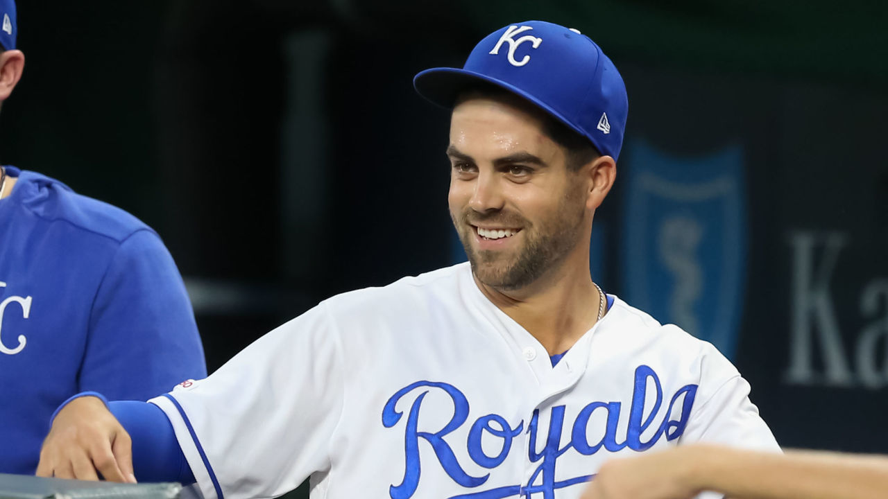 KANSAS CITY, MO - SEPTEMBER 25: Kansas City Royals second baseman Whit Merrifield (15) smiles from the dugout during an interleague MLB game between the Atlanta Braves and Kansas City Royals on September 25, 2019 at Kaufmann Stadium in Kansas City, MO.