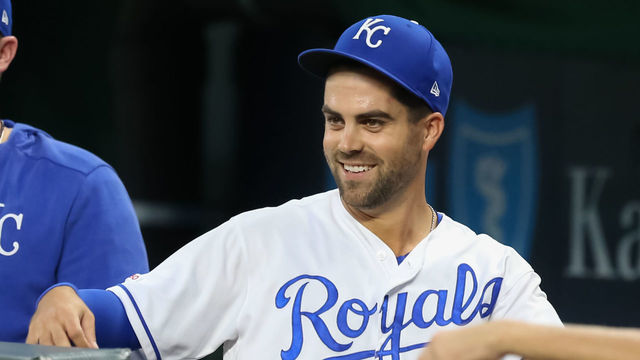 KANSAS CITY, MO - SEPTEMBER 25: Kansas City Royals second baseman Whit Merrifield (15) smiles from the dugout during an interleague MLB game between the Atlanta Braves and Kansas City Royals on September 25, 2019 at Kaufmann Stadium in Kansas City, MO.