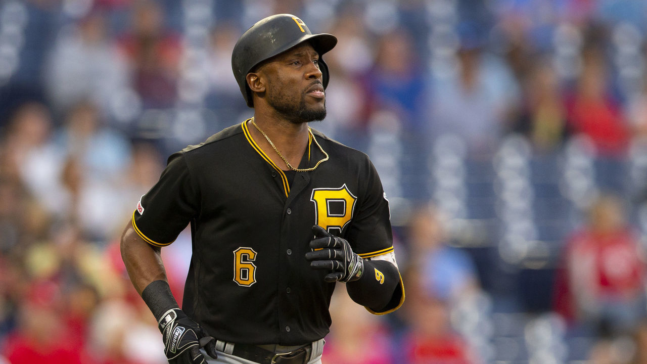 PHILADELPHIA, PA - AUGUST 26: Starling Marte #6 of the Pittsburgh Pirates makes his way to first base against the Philadelphia Phillies at Citizens Bank Park on August 26, 2019 in Philadelphia, Pennsylvania.