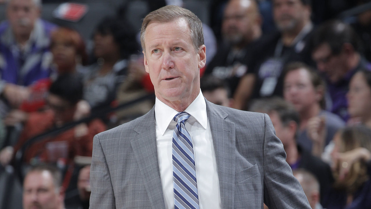 SACRAMENTO, CA - NOVEMBER 12: Head coach Terry Stotts of the Portland Trail Blazers looks on during the game against the Sacramento Kings on November 12, 2019 at Golden 1 Center in Sacramento, California. NOTE TO USER: User expressly acknowledges and agrees that, by downloading and or using this photograph, User is consenting to the terms and conditions of the Getty Images Agreement. Mandatory Copyright Notice: Copyright 2019 NBAE