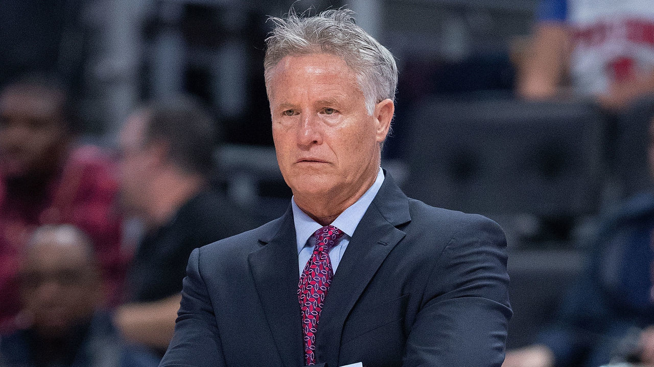 DETROIT, MI - OCTOBER 26: Philadelphia 76ers Head Basketball Coach Brett Brown watches the action during the second quarter of the game against the Detroit Pistons at Little Caesars Arena on October 26, 2019 in Detroit, Michigan. Philadelphia defeated Detroit 117-111.
