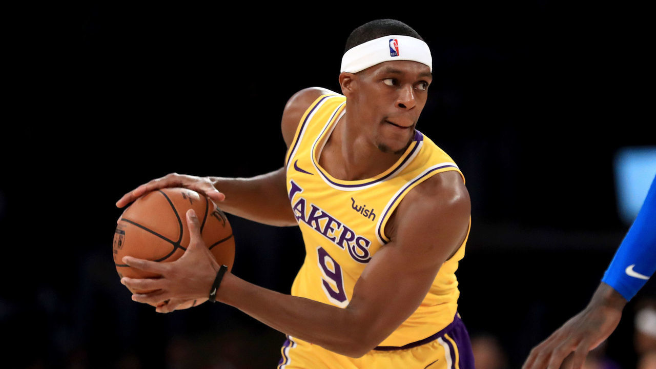 LOS ANGELES, CALIFORNIA - NOVEMBER 19: Rajon Rondo #9 of the Los Angeles Lakers controls the ball during the first half of a game against the Oklahoma City Thunder at Staples Center on November 19, 2019 in Los Angeles, California. NOTE TO USER: User expressly acknowledges and agrees that, by downloading and/or using this photograph, user is consenting to the terms and conditions of the Getty Images License Agreement