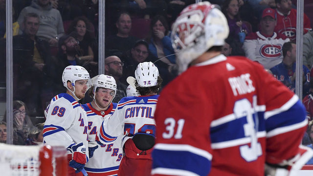 MONTREAL, QC - NOVEMBER 23: Brendan Lemieux #48 of the New York Rangers celebrates with teammates after scoring his second goal of the night against the Montreal Canadiens in the NHL game at the Bell Centre on November 23, 2019 in Montreal, Quebec, Canada.