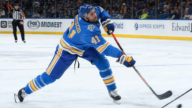 ST. LOUIS, MO - NOVEMBER 16: Robert Bortuzzo #41 of the St. Louis Blues takes a shot against the Anaheim Ducks at Enterprise Center on November 16, 2019 in St. Louis, Missouri.