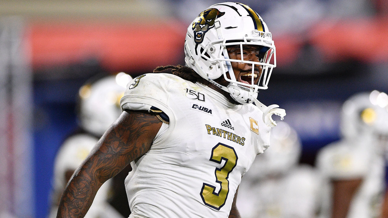 BOCA RATON, FLORIDA - NOVEMBER 09: Sage Lewis #3 of the FIU Golden Panthers celebrates against the Florida Atlantic Owls in the second quarter at FAU Stadium on November 09, 2019 in Boca Raton, Florida.