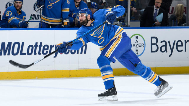 ST. LOUIS, MO - JANUARY 19: Robert Bortuzzo #41 of the St. Louis Blues takes a shot against the Ottawa Senators at Enterprise Center on January 19, 2019 in St. Louis, Missouri.