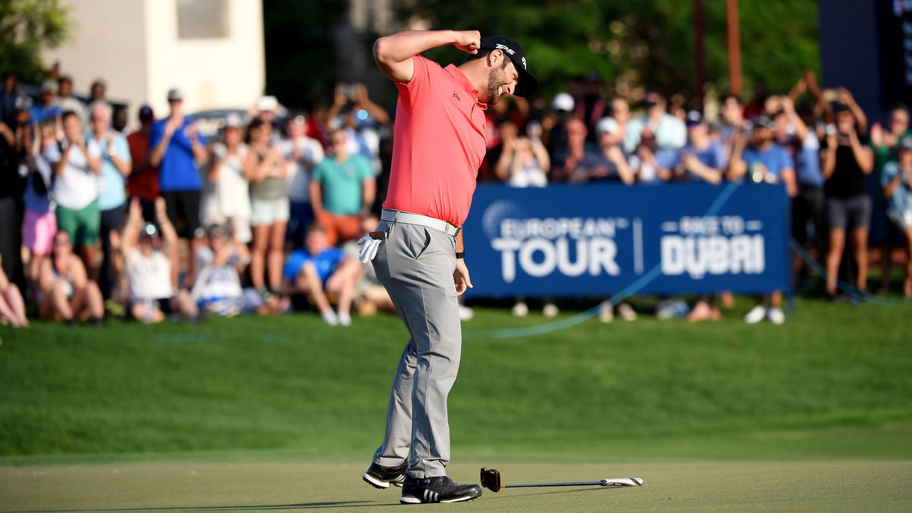 DUBAI, UNITED ARAB EMIRATES - NOVEMBER 24: Jon Rahm of Spain celebrates after his winning putt during the final round of the DP World Tour Championship Dubai at Jumeirah Golf Estates on November 24, 2019 in Dubai, United Arab Emirates.