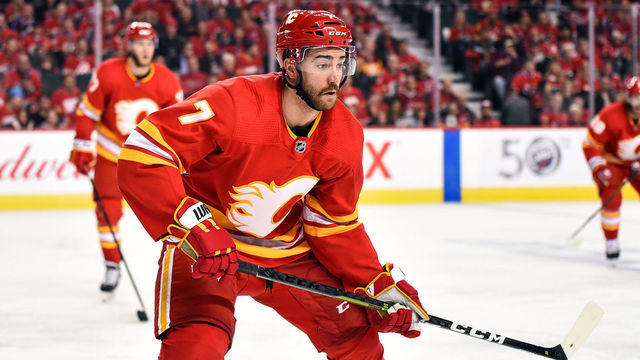 CALGARY, AB - APRIL 11: Calgary Flames Defenceman T.J. Brodie (7) skates during the third period of Game One of the Western Conference First Round during the 2019 Stanley Cup Playoffs where the Calgary Flames hosted the Colorado Avalanche on April 11, 2019, at the Scotiabank Saddledome in Calgary, AB.