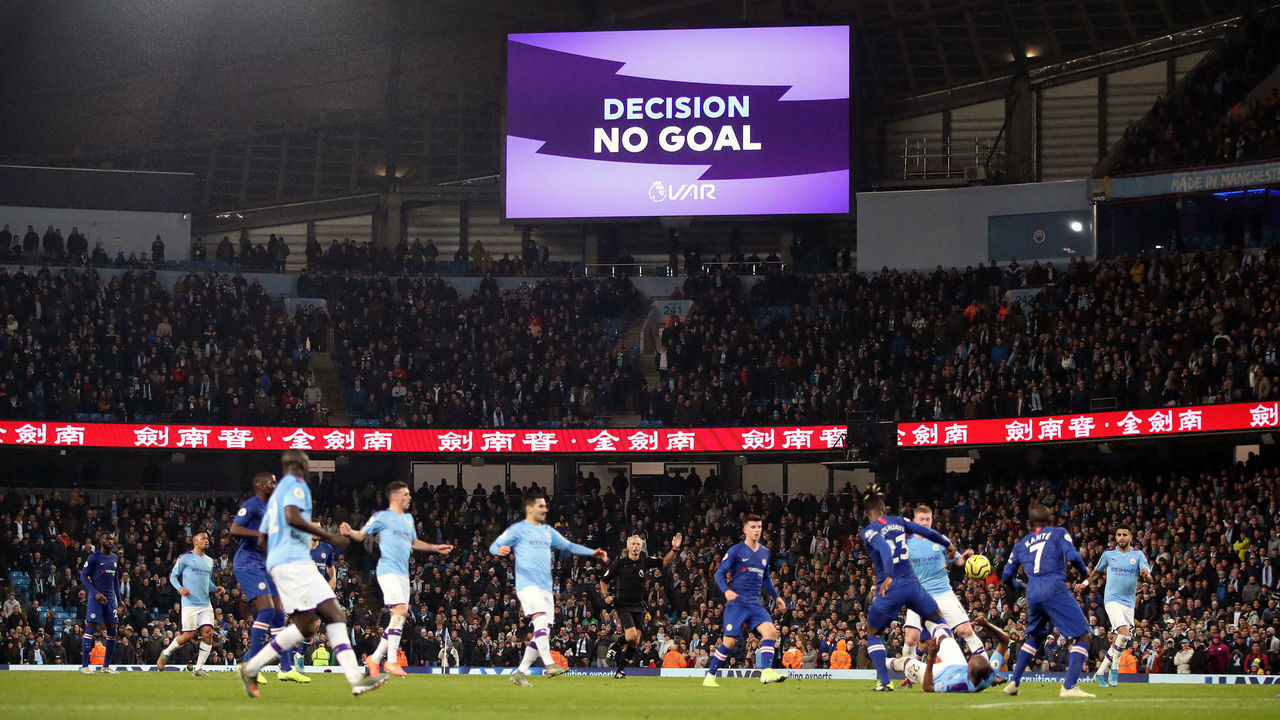 The big screen shows the VAR decision of no goal after Manchester City's Raheem Sterling scores during the Premier League match at the Etihad Stadium, Manchester.
