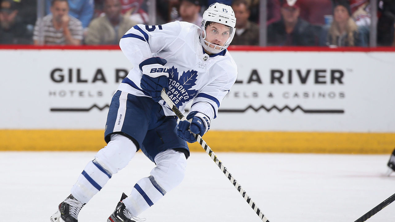GLENDALE, ARIZONA - NOVEMBER 21: Alexander Kerfoot #15 of the Toronto Maple Leafs skates with the puck during the NHL game against the Arizona Coyotes at Gila River Arena on November 21, 2019 in Glendale, Arizona. The Maple Leafs defeated the Coyotes 3-1.