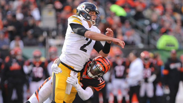 CINCINNATI, OH - NOVEMBER 24: Pittsburgh Steelers quarterback Mason Rudolph (2) gets tackled by Cincinnati Bengals defensive back Darqueze Dennard (21) during the game against the Pittsburgh Steelers and the Cincinnati Bengals on November 24th 2019, at Paul Brown Stadium in Cincinnati, OH.