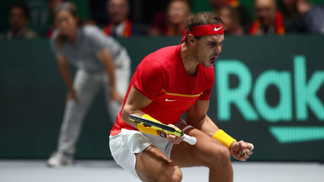 MADRID, SPAIN - NOVEMBER 24: Rafael Nadal of Spain celebrates in his singles final match against Denis Shapovalov of Canada during Day Seven of the 2019 Davis Cup at La Caja Magica on November 24, 2019 in Madrid, Spain.