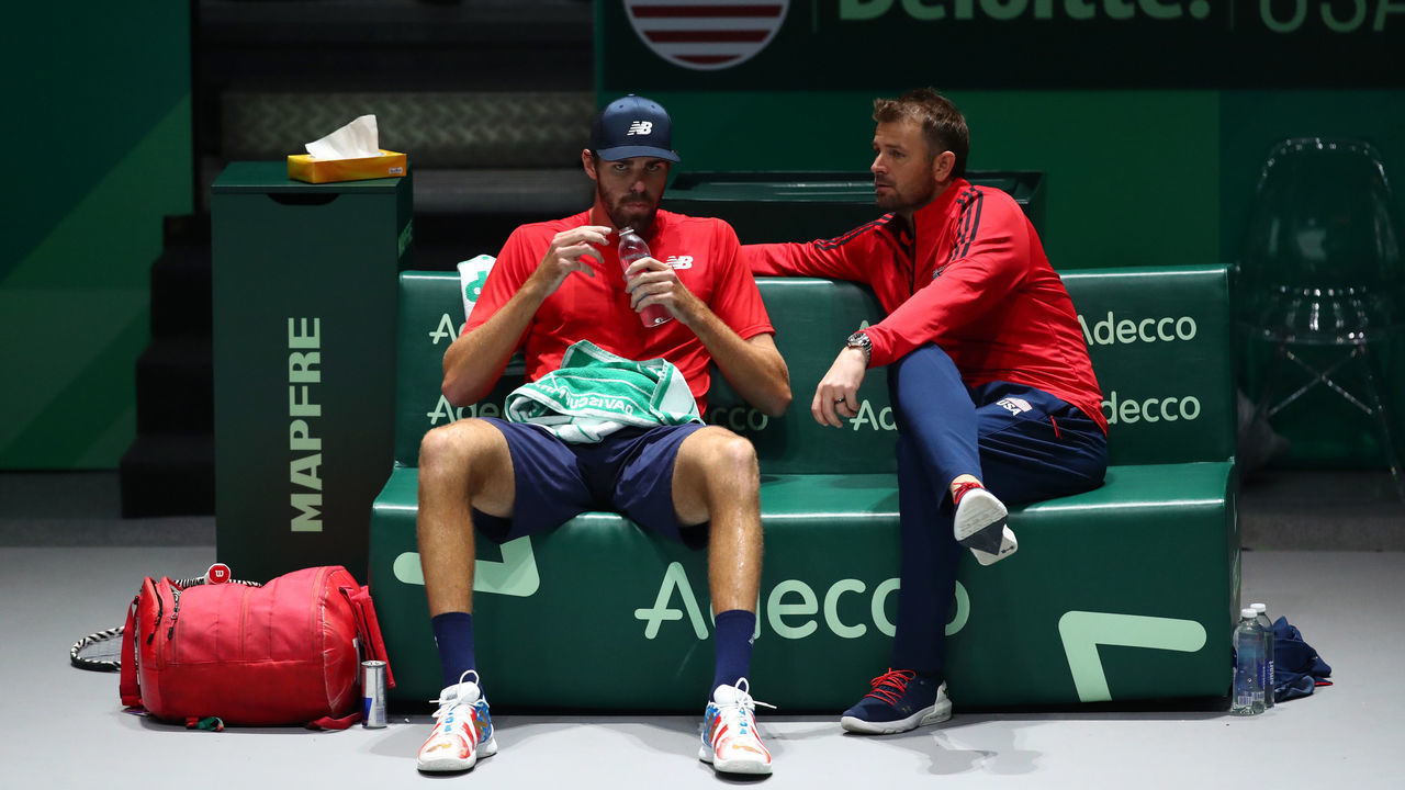 MADRID, SPAIN - NOVEMBER 19: Mardy Fish, Captain of The United States talks to Reilly Opelka of The United States during Day 2 of the 2019 Davis Cup at La Caja Magica on November 19, 2019 in Madrid, Spain.