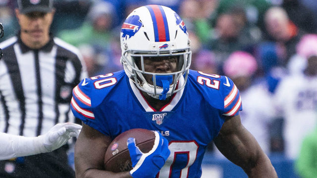 ORCHARD PARK, NY - OCTOBER 27: Buffalo Bills Running Back Frank Gore (20) runs with the ball during the second half of the National Football League game between the Philadelphia Eagles and the Buffalo Bills on October 27, 2019, at New Era Field in Orchard Park, NY.
