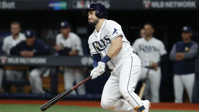 ST. PETERSBURG, FL - OCTOBER 08: Tampa Bay Rays catcher Travis d'Arnaud (37) singles in the 1st inning of Game 4 of the ALDS between the Houston Astros and Tampa Bay Rays on October 8, 2019 at Tropicana Field in St. Petersburg, FL.
