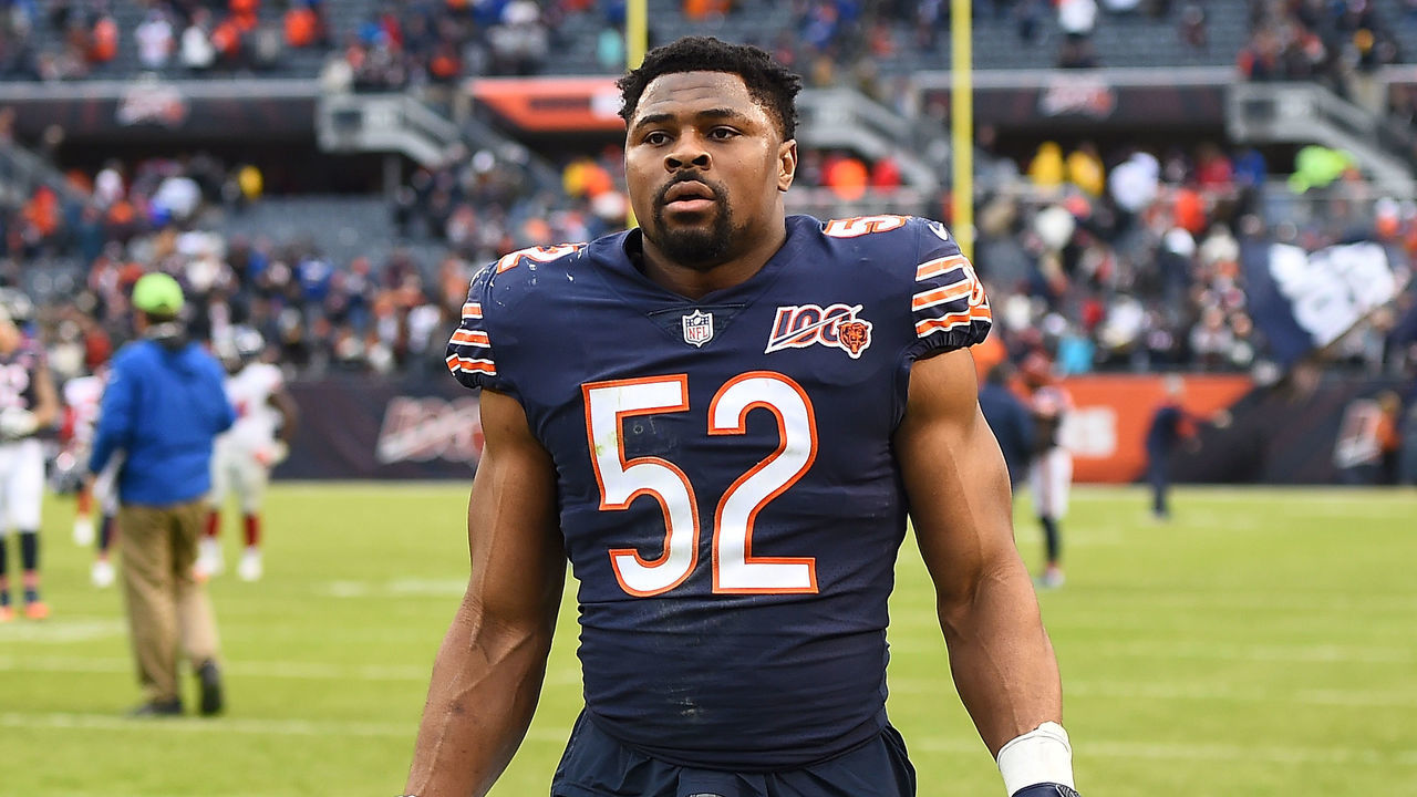 CHICAGO, ILLINOIS - NOVEMBER 24: Khalil Mack #52 of the Chicago Bears leaves the field following a game against the New York Giants at Soldier Field on November 24, 2019 in Chicago, Illinois.