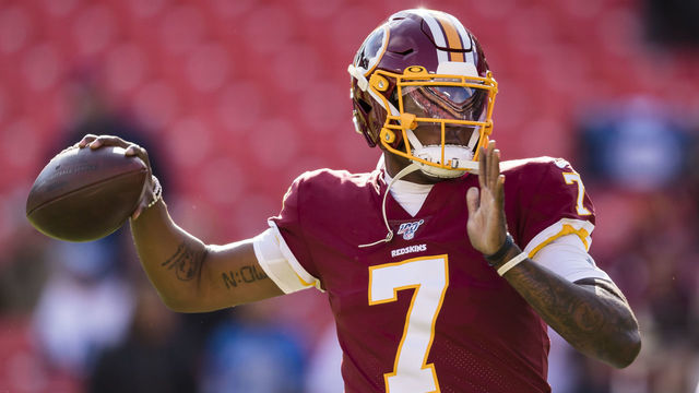 LANDOVER, MD - NOVEMBER 24: Dwayne Haskins #7 of the Washington Redskins warms up before the game against the Detroit Lions at FedExField on November 24, 2019 in Landover, Maryland.