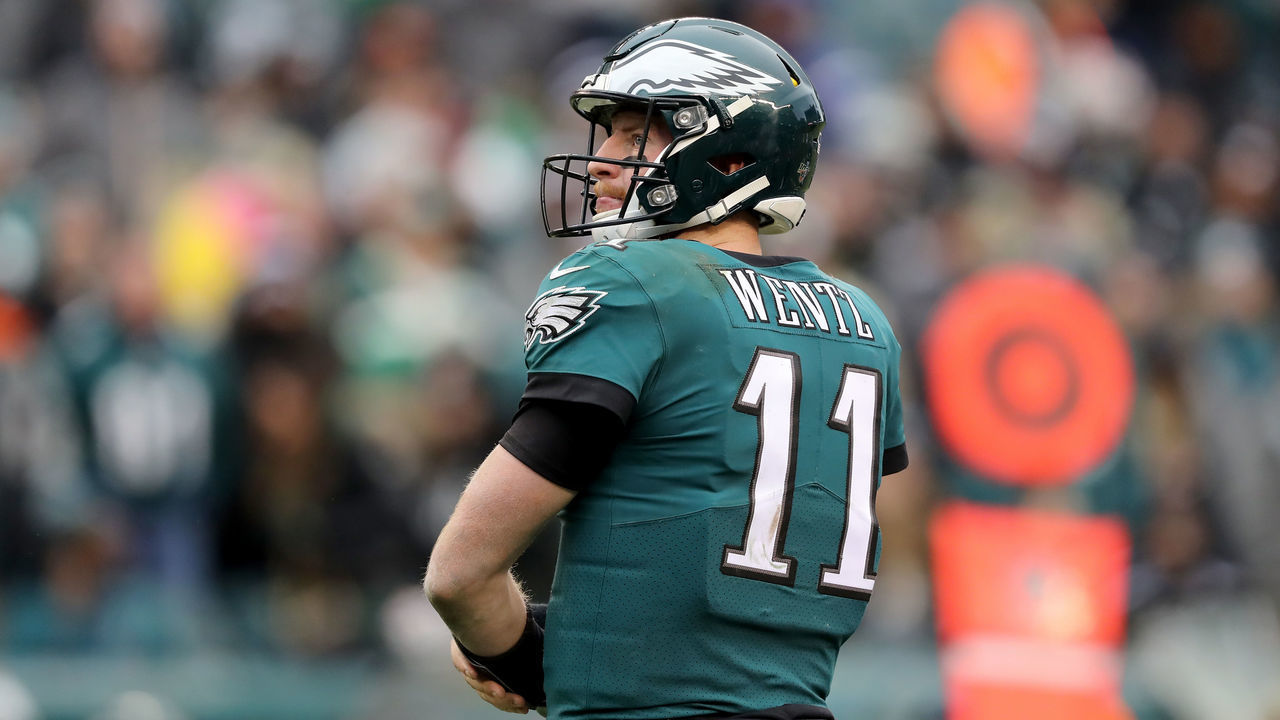 PHILADELPHIA, PENNSYLVANIA - NOVEMBER 24: Quarterback Carson Wentz #11 of the Philadelphia Eagles looks on in the first half against the Seattle Seahawks at Lincoln Financial Field on November 24, 2019 in Philadelphia, Pennsylvania.
