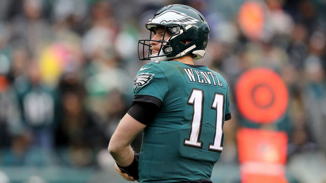 PHILADELPHIA, PENNSYLVANIA - NOVEMBER 24: Quarterback Carson Wentz #11 of the Philadelphia Eagles looks on in the first half against the Seattle Seahawks at Lincoln Financial Field on November 24, 2019 in Philadelphia, Pennsylvania.