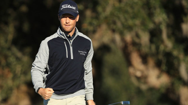 ST SIMONS ISLAND, GEORGIA - NOVEMBER 24: Tyler Duncan of the United States reacts to his birdie on the 18th green during the final round of the RSM Classic on the Seaside course at Sea Island Golf Club on November 24, 2019 in St Simons Island, Georgia.