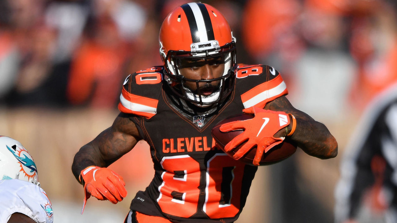 CLEVELAND, OH - NOVEMBER 24: Jarvis Landry #80 of the Cleveland Browns tries to outrun the defense of Adrian Colbert #36 of the Miami Dolphins after a pass reception for a first down in the second quarter at FirstEnergy Stadium on November 24, 2019 in Cleveland, Ohio.