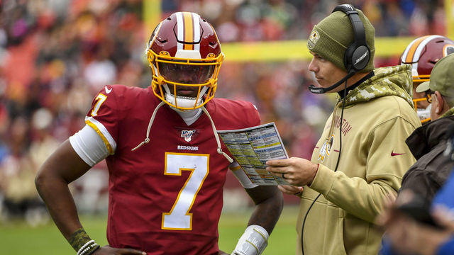 LANDOVER, MD - NOVEMBER 17: Washington Redskins quarterback Dwayne Haskins (7), left, and coach Kevin O'Connell talk on the sideline during the game between the Washington Redskins and the New York Jets at FedEx Field.